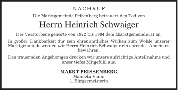Todesanzeige von Heinrich Schwaiger von MERKUR & TZ
