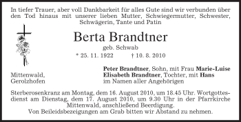 Todesanzeige von Berta Brandtner von MERKUR & TZ