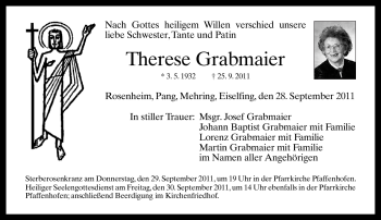 Todesanzeige von Therese Grabmaier von MERKUR & TZ