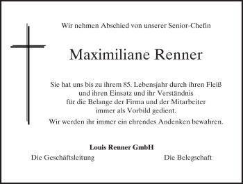 Todesanzeige von Maximiliane Renner von MERKUR & TZ