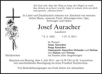 Todesanzeige von Josef Auracher von MERKUR & TZ