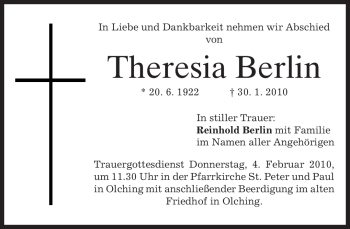 Todesanzeige von Theresia Berlin von MERKUR & TZ