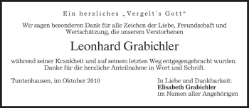 Todesanzeige von Leonhard Grabichler von MERKUR & TZ