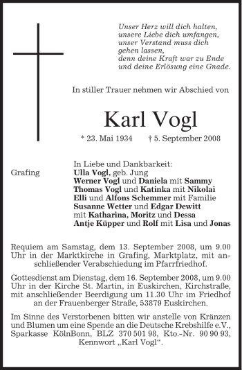 Todesanzeige von Karl Vogl von MERKUR & TZ