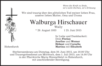 Todesanzeige von Walburga Hirschauer von merkurtz