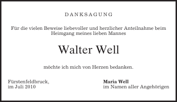 Todesanzeige von Walter Well von MERKUR & TZ