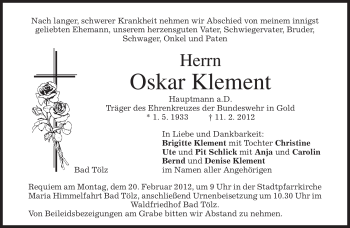 Todesanzeige von Oskar Klement von MERKUR & TZ