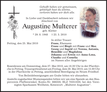 Todesanzeige von Augustine Multerer von MERKUR & TZ