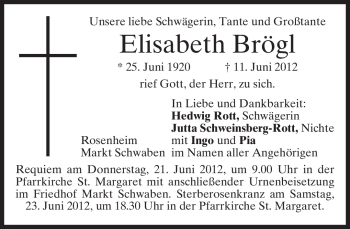 Todesanzeige von Elisabeth Brögl von MERKUR & TZ