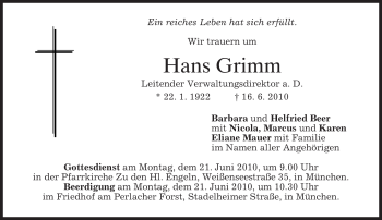 Todesanzeige von Hans Grimm von MERKUR & TZ