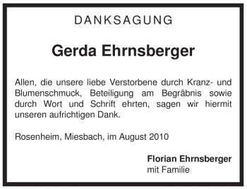 Todesanzeige von Gerda Ehrnsberger von MERKUR & TZ