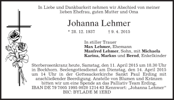 Todesanzeige von Johanna Lehmer von merkurtz