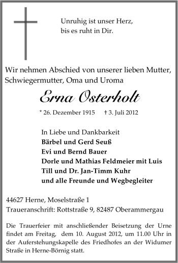 Todesanzeige von Erna Osterholt von MERKUR & TZ