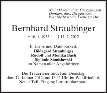Todesanzeige von Bernhard Straubinger von MERKUR & TZ