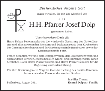 Todesanzeige von Josef Dolp von MERKUR & TZ