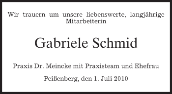 Todesanzeige von Gabriele Schmid von MERKUR & TZ