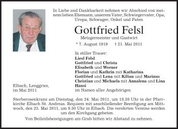 Todesanzeige von Gottfried Felsl von MERKUR & TZ