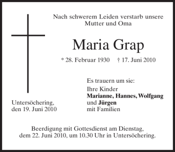 Todesanzeige von Maria Grap von MERKUR & TZ