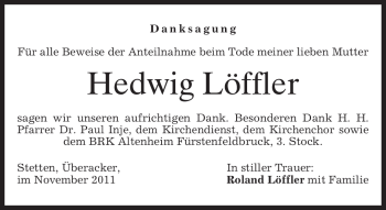 Todesanzeige von Hedwig Löffler von MERKUR & TZ