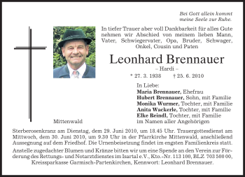 Todesanzeige von Leonhard Brennauer von MERKUR & TZ