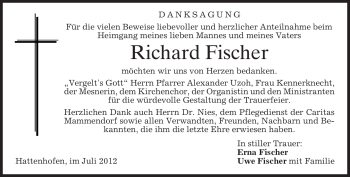 Todesanzeige von Richard Fischer von MERKUR & TZ