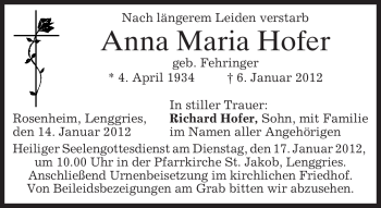 Todesanzeige von Anna Maria Hofer von MERKUR & TZ