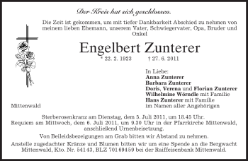 Todesanzeige von Engelbert Zunterer von MERKUR & TZ