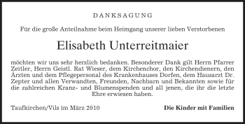 Todesanzeige von Elisabeth Unterreitmaier von MERKUR & TZ