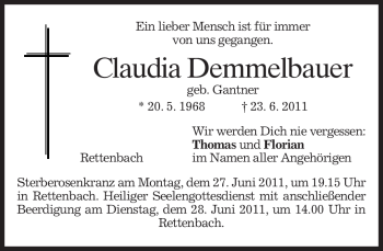 Todesanzeige von Claudia Demmelbauer von MERKUR & TZ
