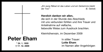 Todesanzeige von Peter Eham von MERKUR & TZ