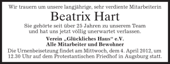Todesanzeige von Beatrix Hart von MERKUR & TZ