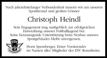Todesanzeige von Christoph Heindl von MERKUR & TZ