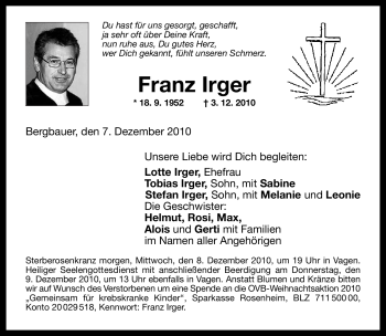 Todesanzeige von Franz Irger von MERKUR & TZ