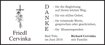 Todesanzeige von Friedl Cervinka von MERKUR & TZ