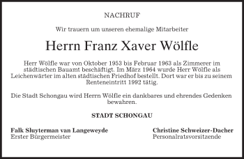Todesanzeige von Franz Xaver Wölfle von merkurtz