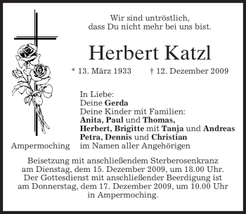 Todesanzeige von Herbert Katzl von MERKUR & TZ