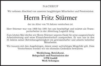 Todesanzeige von Fritz Stürmer von MERKUR & TZ