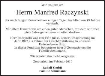 Todesanzeige von Manfred Raczynski von MERKUR & TZ