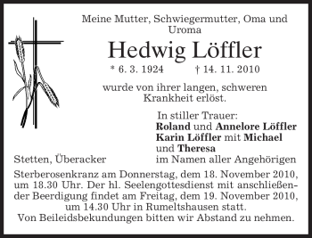 Todesanzeige von Hedwig Löffler von MERKUR & TZ