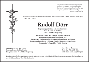 Todesanzeige von Rudolf Dörr von MERKUR & TZ