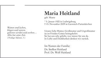 Todesanzeige von Maria Heitland von MERKUR & TZ