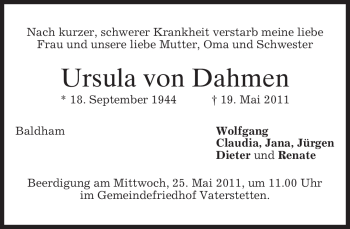 Todesanzeige von Ursula von Dahmen von MERKUR & TZ