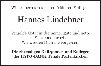 Todesanzeige von Hannes Lindebner von MERKUR & TZ