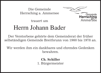 Todesanzeige von Johann Bader von MERKUR & TZ