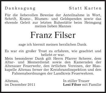 Todesanzeige von Franz Filser von MERKUR & TZ