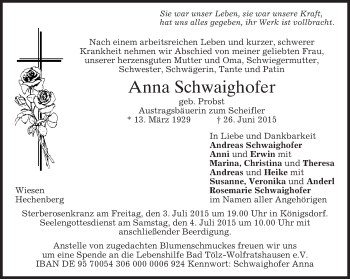 Todesanzeige von Anna Schwaighofer von merkurtz