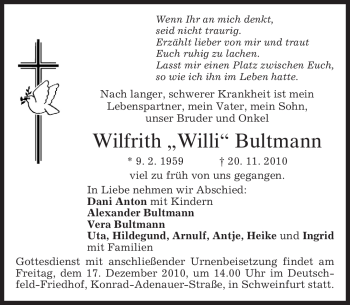 Todesanzeige von Wilfrith Bultmann von MERKUR & TZ