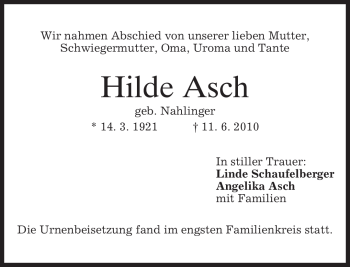 Todesanzeige von Hilde Asch von MERKUR & TZ