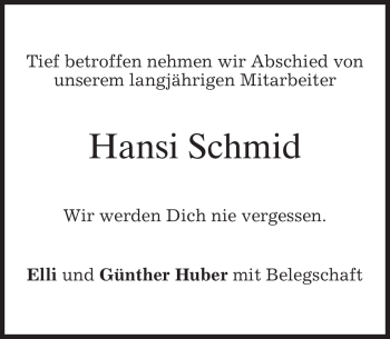 Todesanzeige von Hansi Schmid von MERKUR & TZ