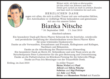 Todesanzeige von Bianka Nitsche von MERKUR & TZ